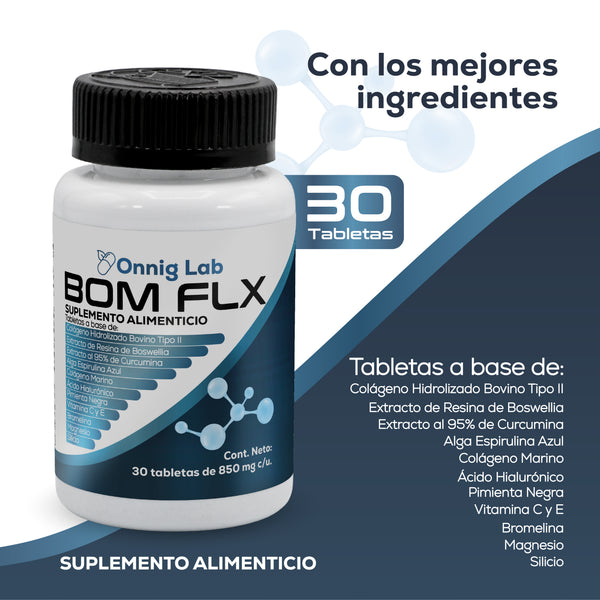 BOM FLX Colágeno Tipo II para Articulaciones – Curcumina 95%, Boswellia, Ácido Hialurónico, Colágeno Marino, Bromelina, Magnesio y Silicio – Soporte para Cartílago, Movilidad y Flexibilidad – 30 Capletas