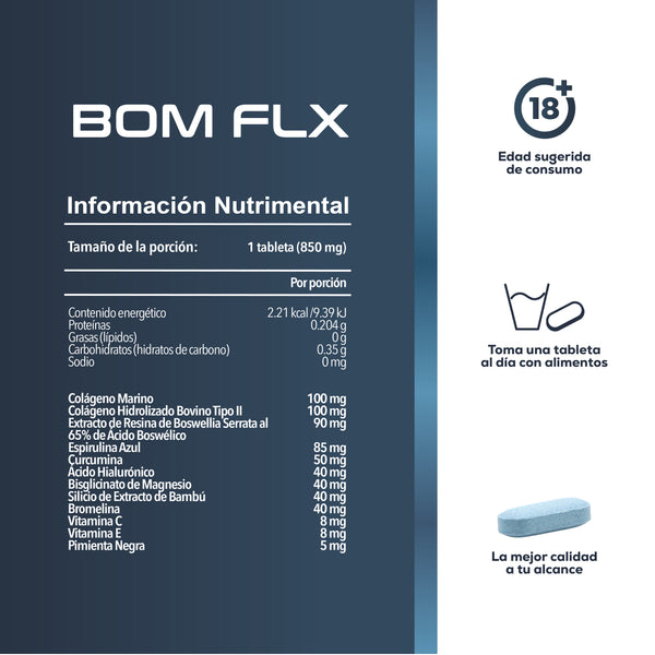 BOM FLX Colágeno Tipo II para Articulaciones – Curcumina 95%, Boswellia, Ácido Hialurónico, Colágeno Marino, Bromelina, Magnesio y Silicio – Soporte para Cartílago, Movilidad y Flexibilidad – 30 Capletas