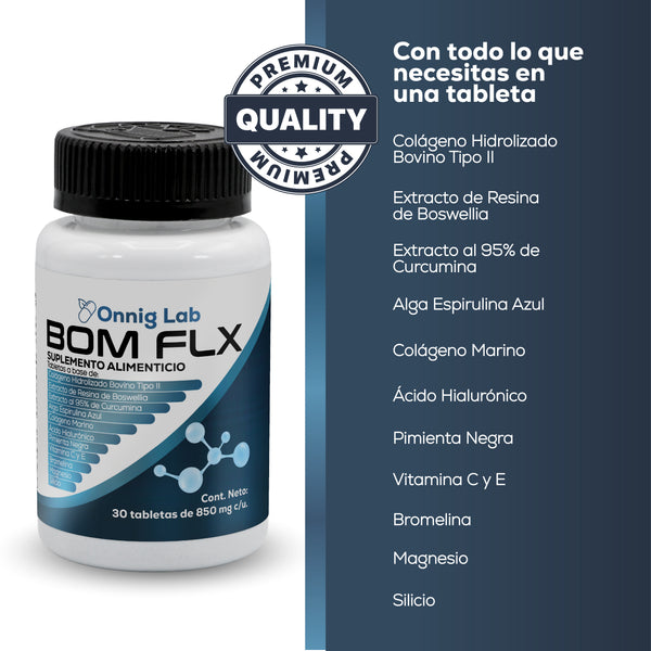 BOM FLX Colágeno Tipo II para Articulaciones – Curcumina 95%, Boswellia, Ácido Hialurónico, Colágeno Marino, Bromelina, Magnesio y Silicio – Soporte para Cartílago, Movilidad y Flexibilidad – 30 Capletas